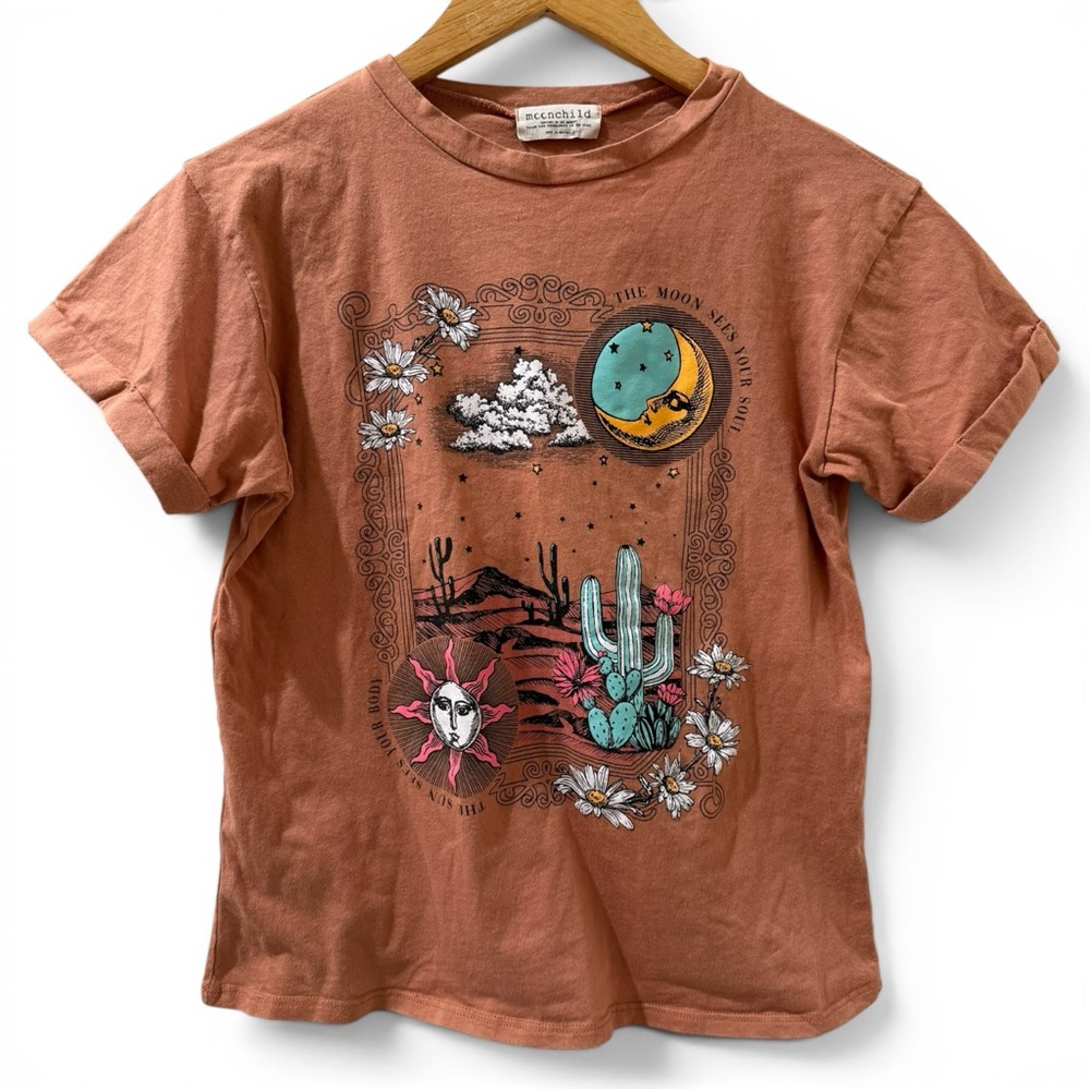 Moonchild Desert Moon Graphic Tee Small Boho Western Cactus Celestial Cotton Top